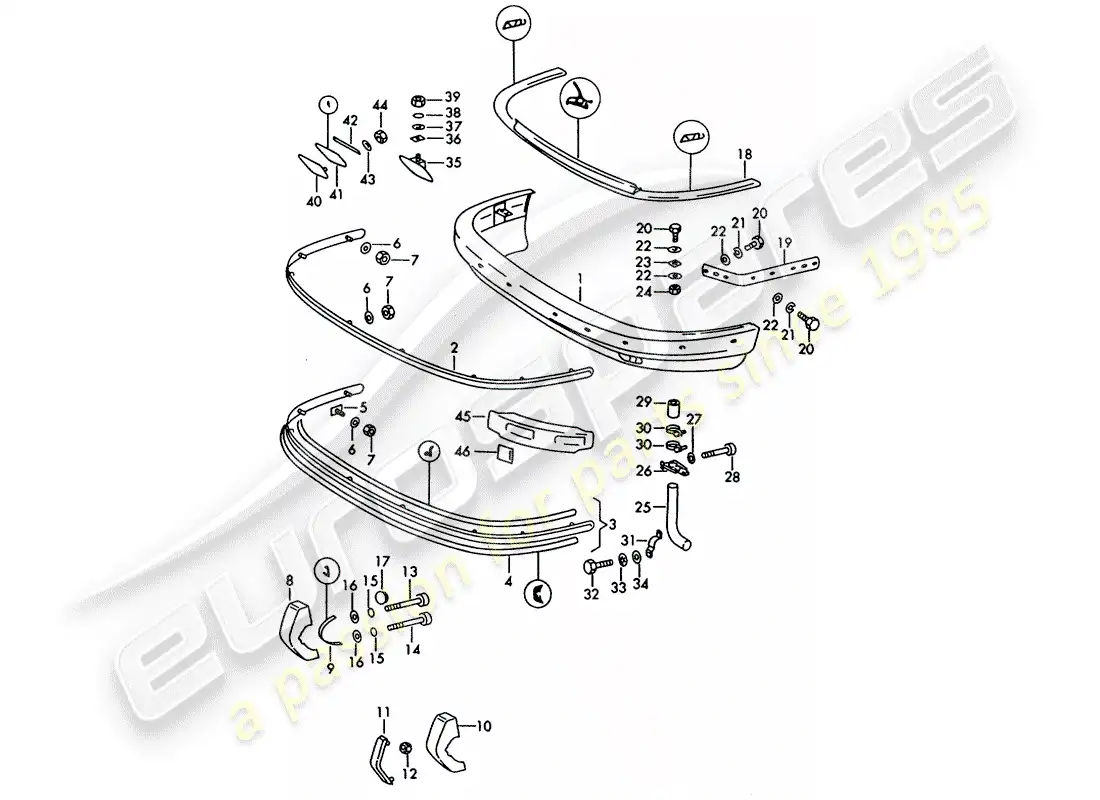 porsche 1965 (911/912) parachoques - d >> - mj 1968 diagrama de piezas