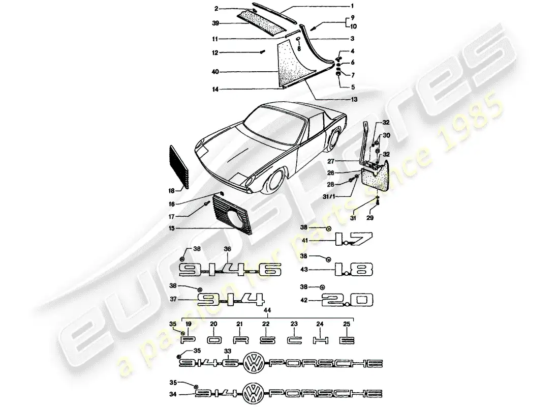 porsche 1975 (914) accesorios decorativos diagrama de piezas