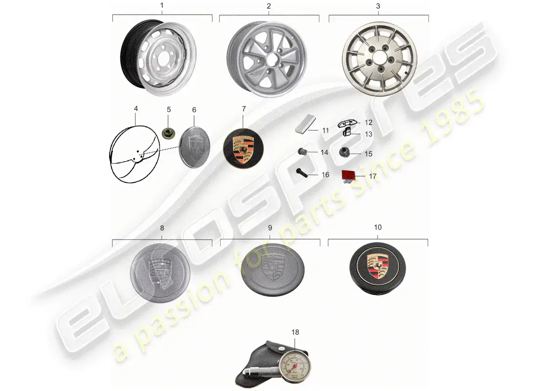 porsche 1975 (914) ruedas diagrama de piezas