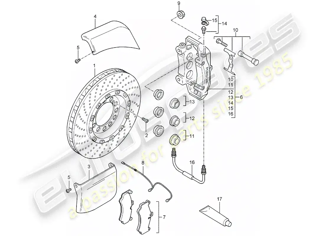 porsche 2005 (carrera gt) frenos de disco - eje delantero diagrama de piezas