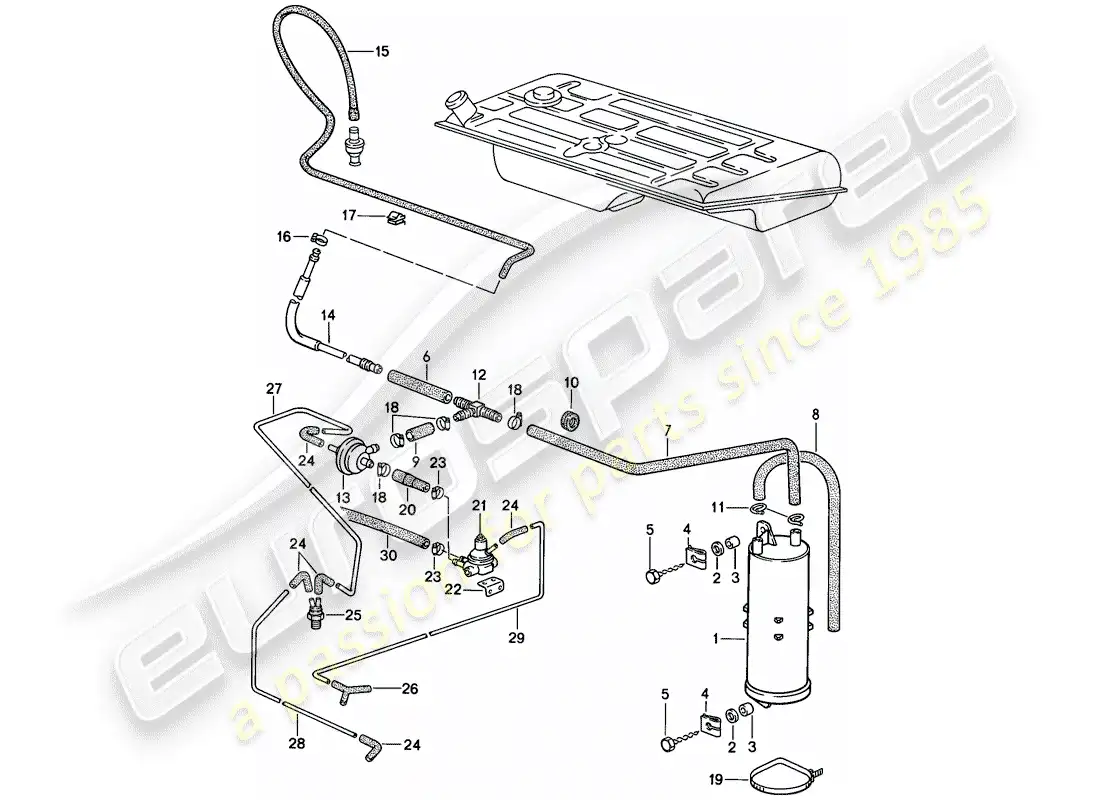 porsche 1984 (944) recipiente de emisiones evaporativas - ventilación del tanque - (aus)(j) diagrama de piezas