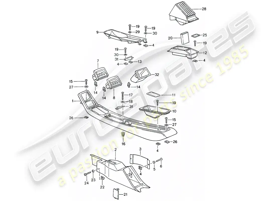 porsche 1996 (993) center console diagrama de piezas