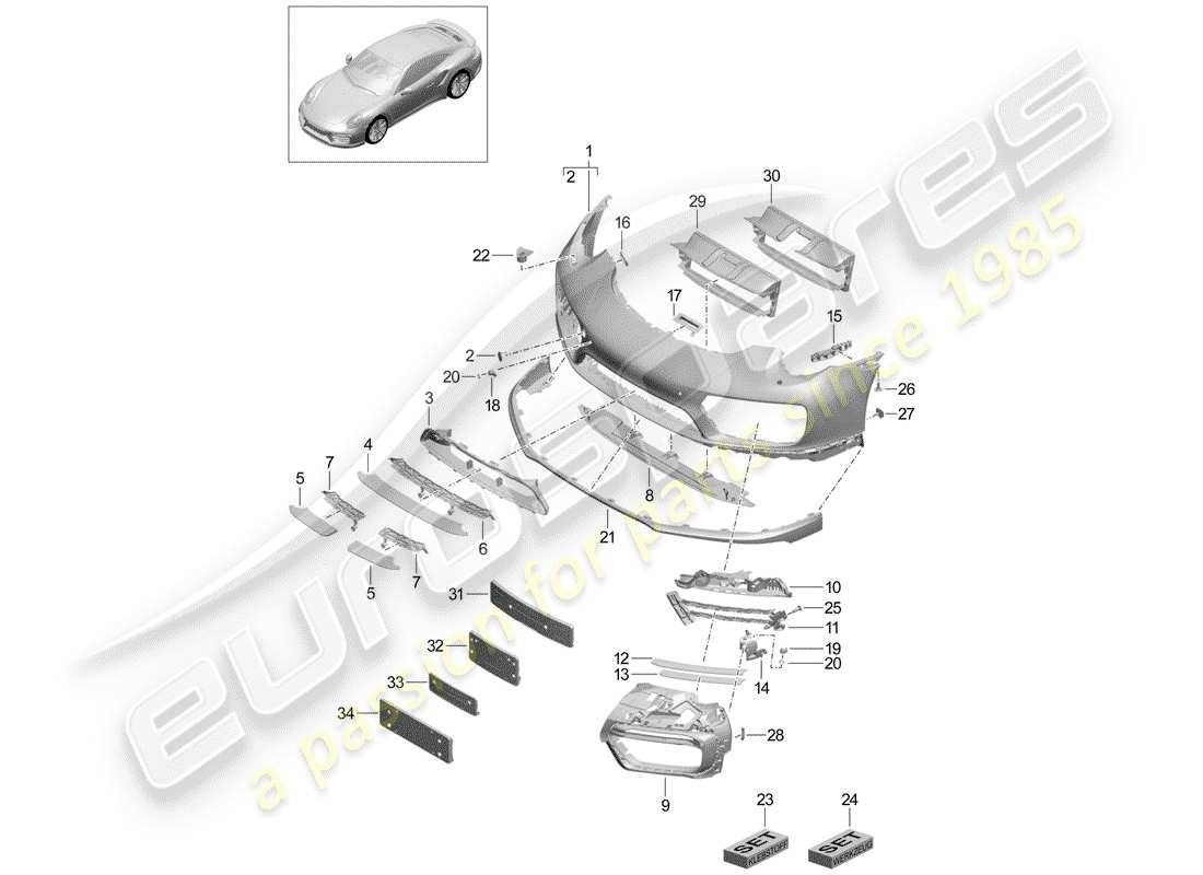 porsche 991 turbo (2018) diagrama de piezas del parachoques