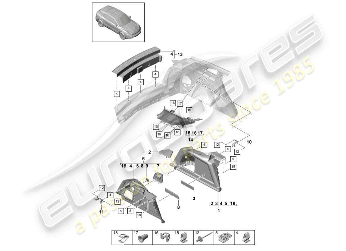 porsche 2022 (cayenne e3 9ya/9yb) diagrama de piezas del revestimiento del pilar d lateral del maletero