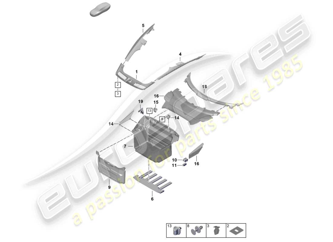 porsche 2025 (992-2 gt3) diagrama de piezas del guarnecido del compartimento de equipaje