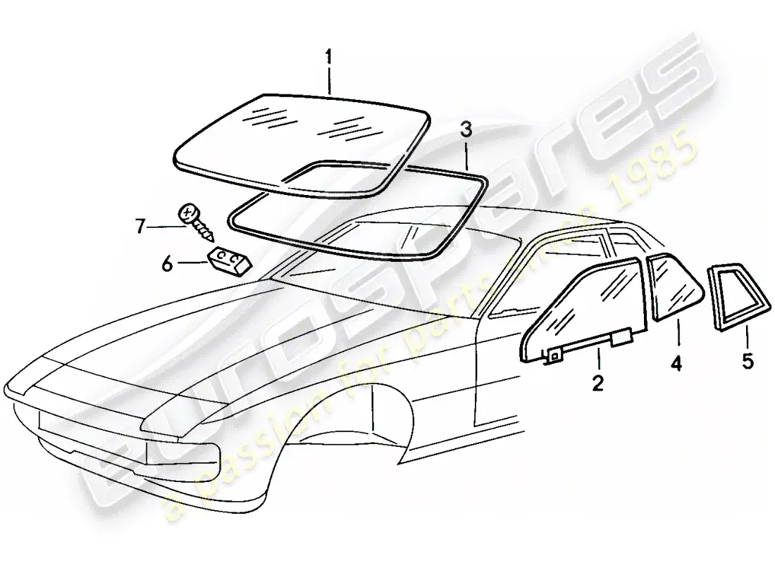 porsche 1986 (924s) acristalamiento de ventanas diagrama de piezas