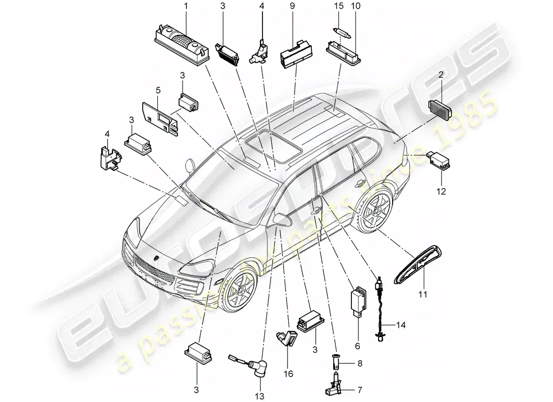 porsche 2007 (cayenne e1 9pa) luces interiores diagrama de piezas