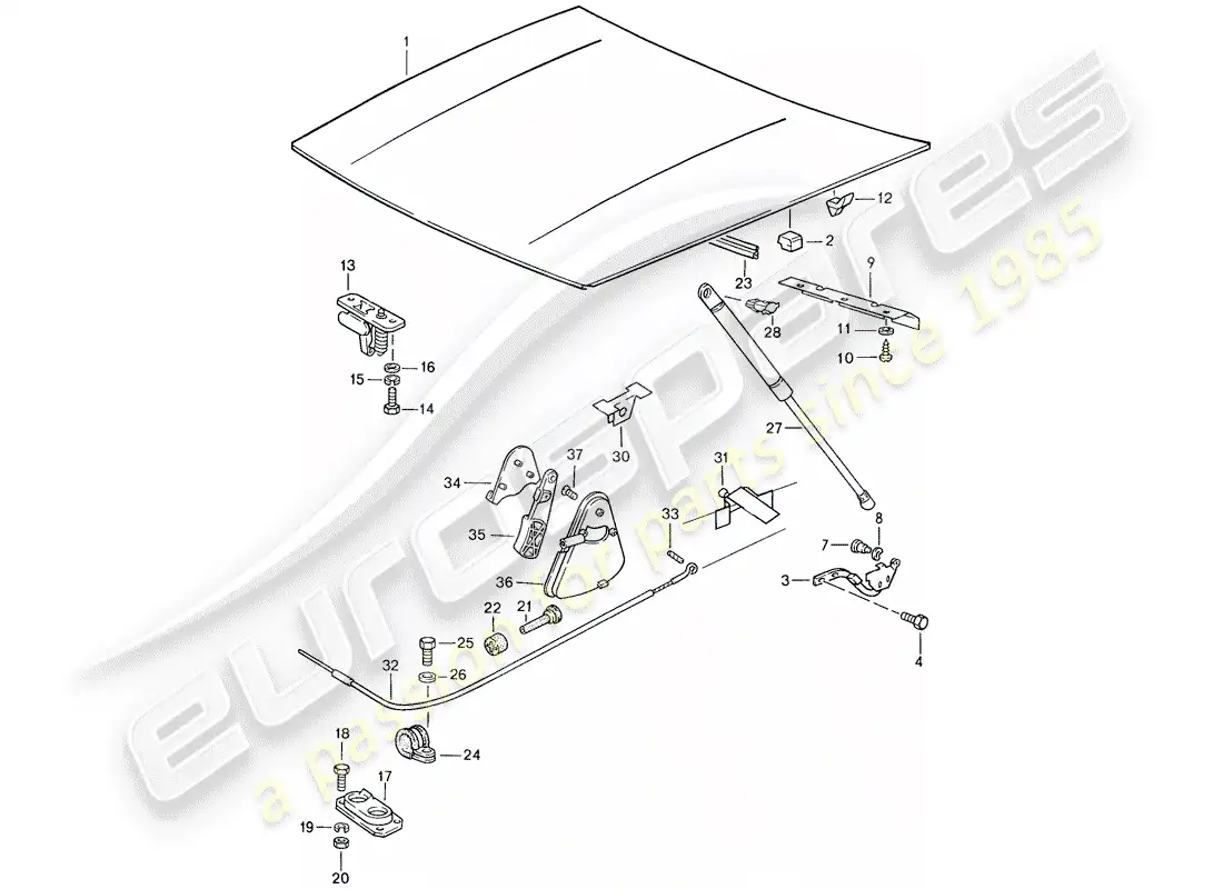 porsche 1990 (944) cubierta - diagrama de piezas del actuador