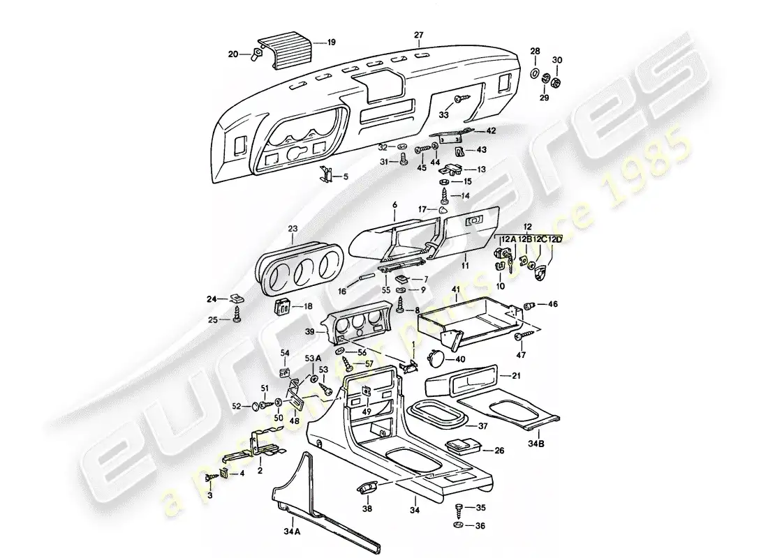 porsche 1988 (924s) tablero - consola central diagrama de piezas