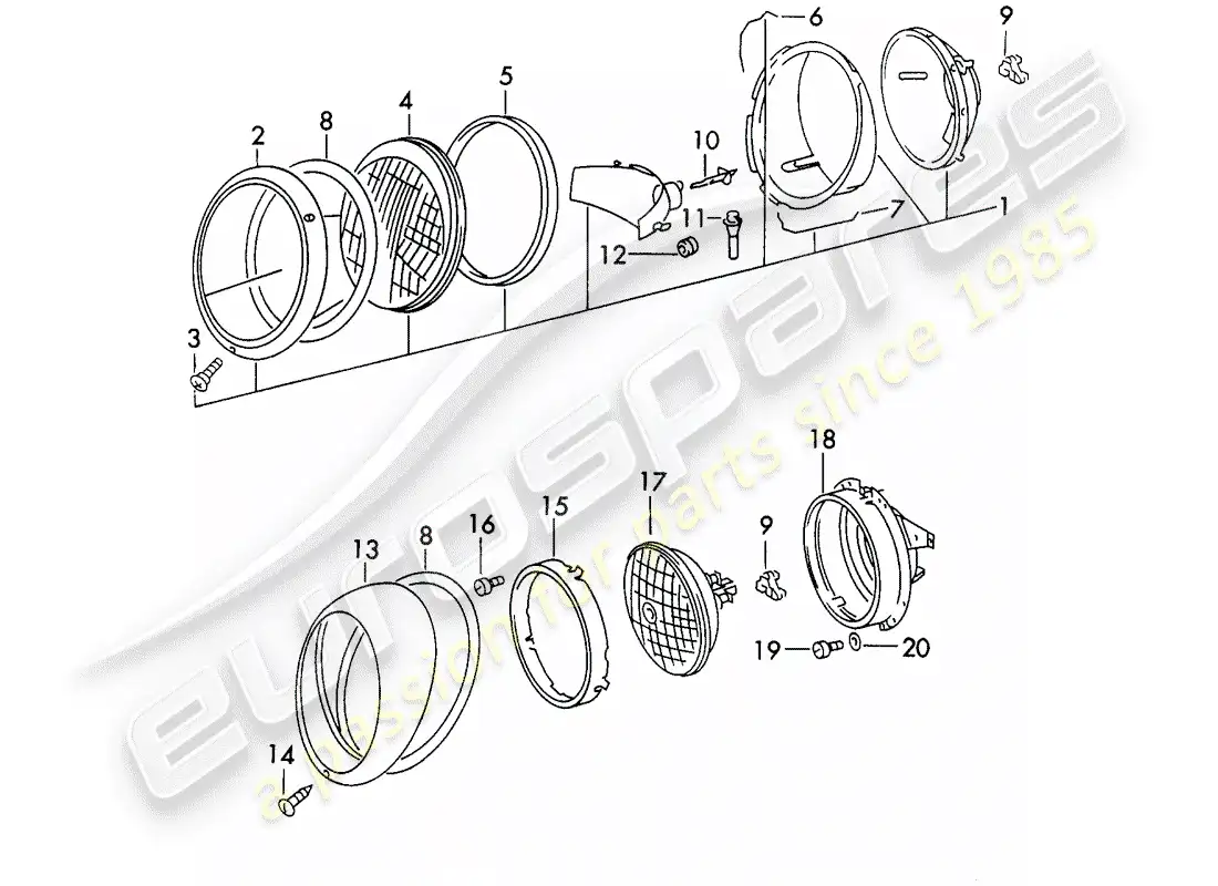 porsche 1972 (911) lámpara de cabeza diagrama de piezas