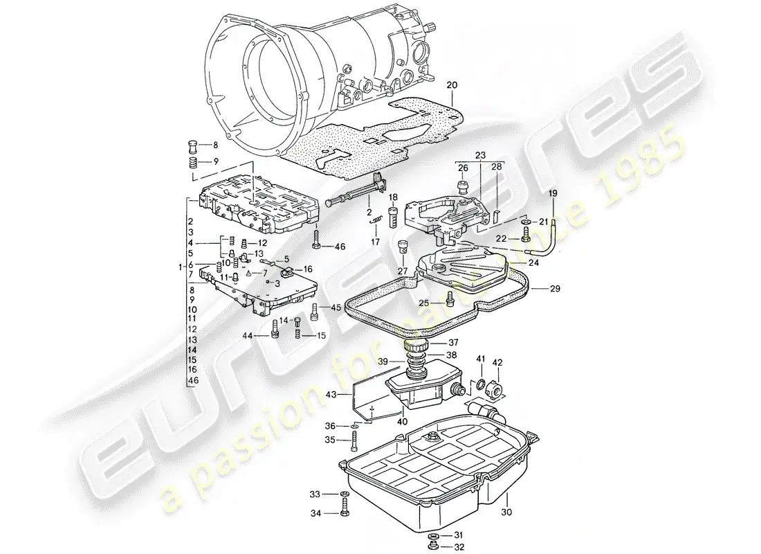porsche 1988 (928) transmisión automática - cuerpo de la válvula de cambio diagrama de piezas