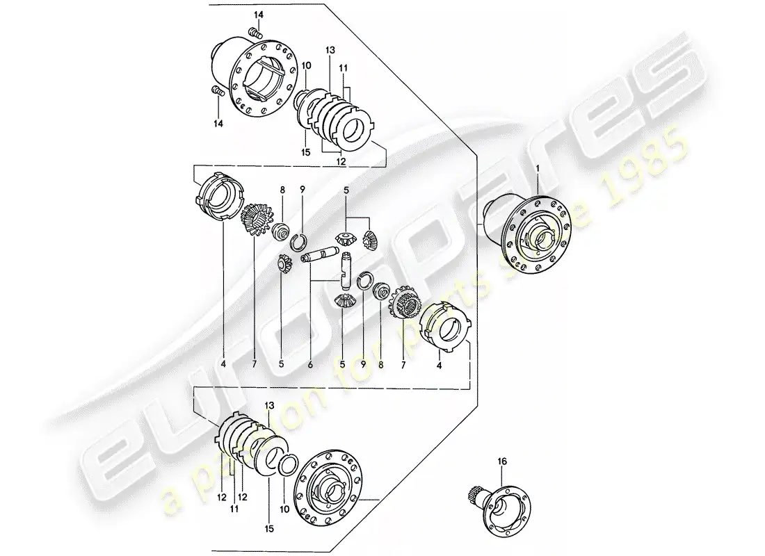 porsche 1985 (911) diferencial de deslizamiento limitado diagrama de piezas