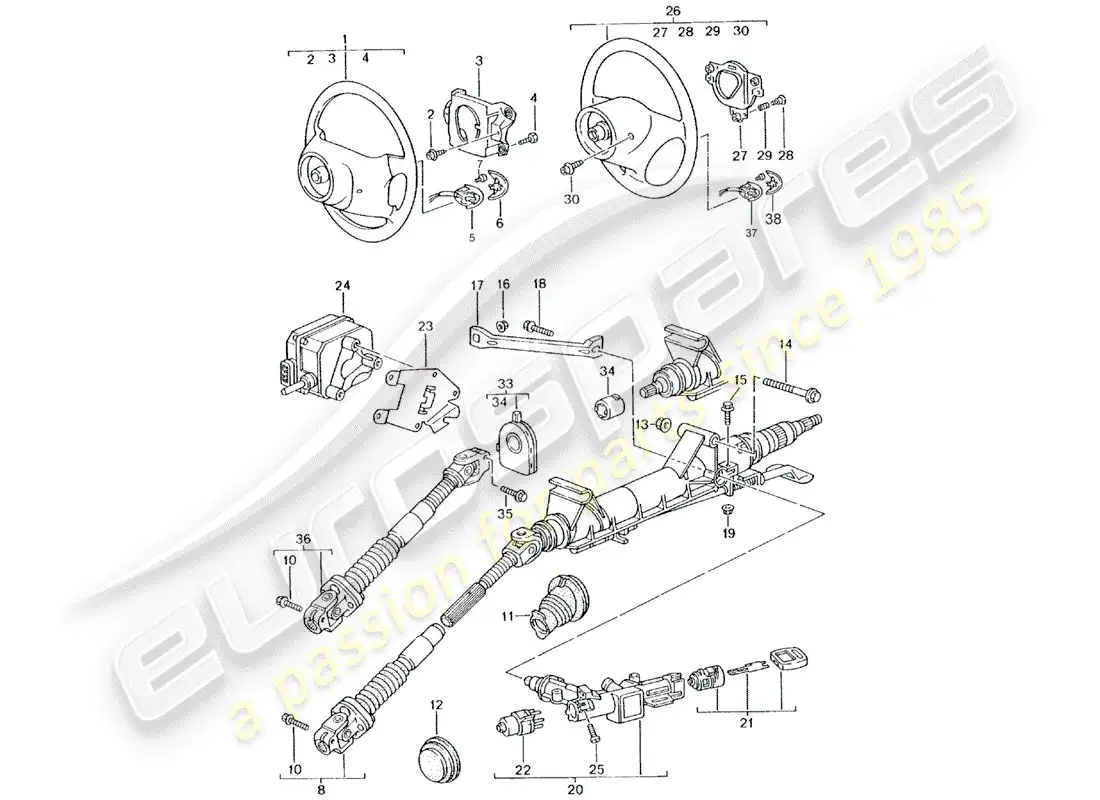 porsche 1999 (986 boxster) tubo protector de dirección - eje de dirección intermedio - volante diagrama de piezas
