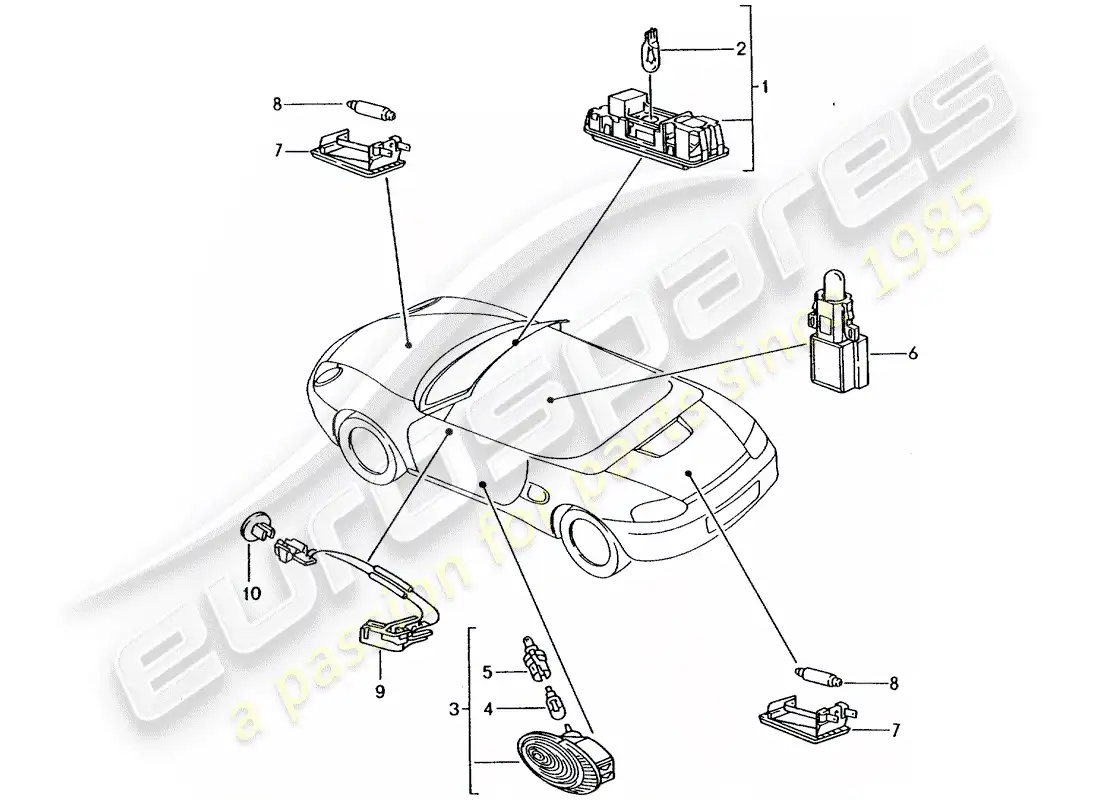 porsche 1999 (986 boxster) luz interior - luz del maletero - luz del compartimiento del motor - luz del espacio para los pies - iluminación de la manija de la puerta - apertura interior esquema de piezas