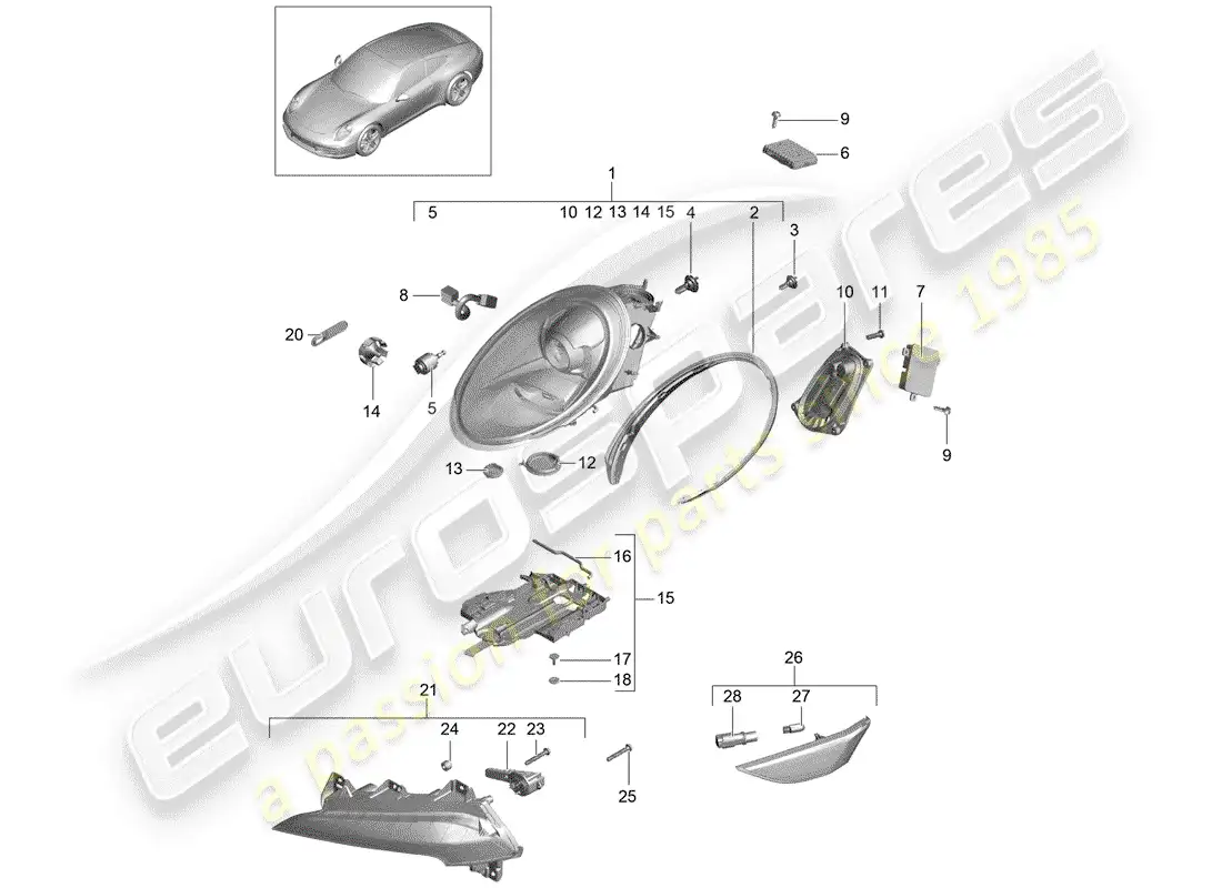 porsche 2012 (991-1) lámpara de cabeza diagrama de piezas