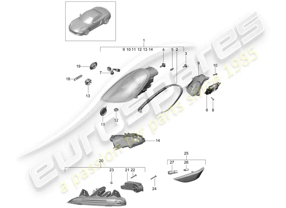 porsche 2016 (981 boxster) lámpara de cabeza diagrama de piezas