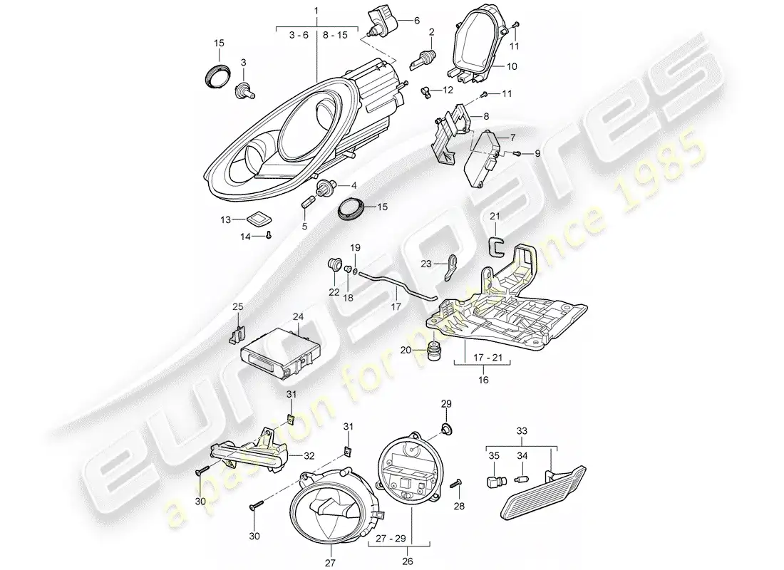 porsche 2012 (987 cayman) lámpara de cabeza diagrama de piezas