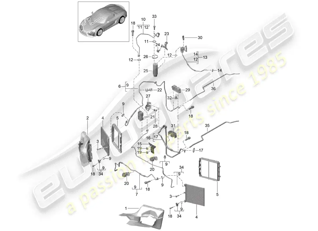 porsche 2016 (981 boxster spyder) circuito refrigerante diagrama de piezas