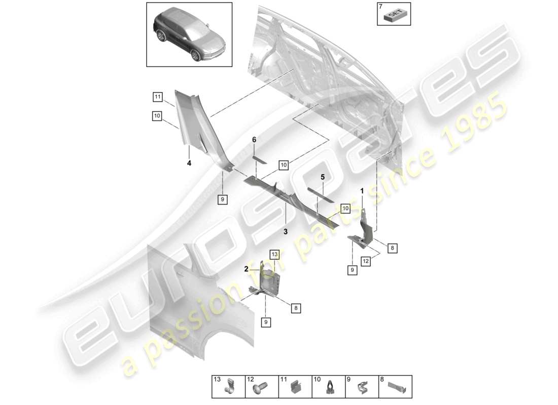 porsche 2021 (cayenne e3 9ya/9yb) diagrama de piezas de la moldura del umbral inferior de la moldura interior