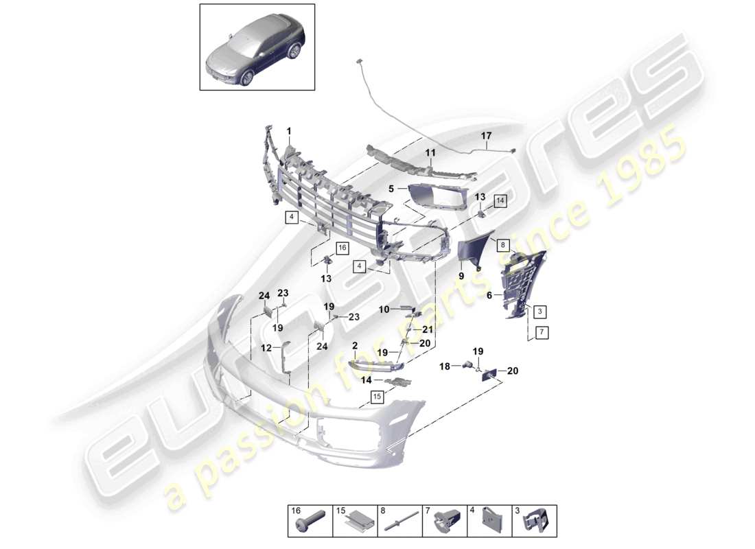 porsche 2021 (cayenne e3 9ya/9yb) diagrama de piezas del parachoques delantero del coupé turbo gt: piezas individuales y sujetadores