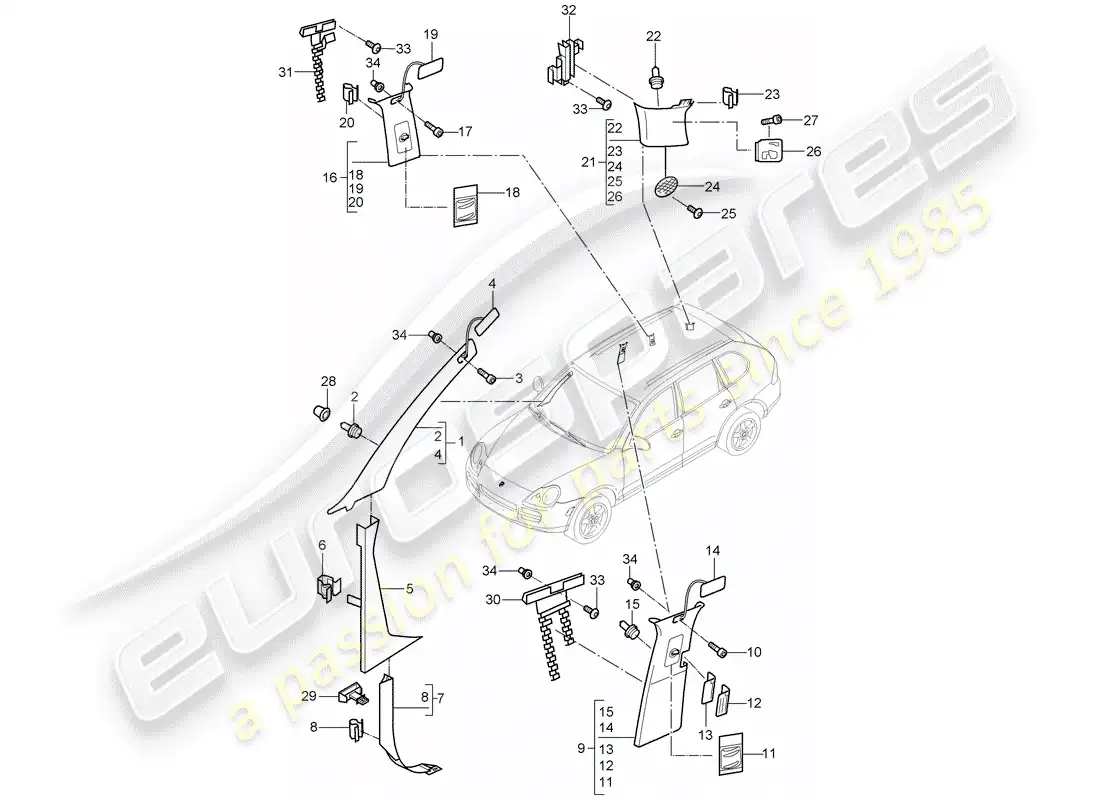 porsche 2005 (cayenne e1 9pa) adornos diagrama de piezas
