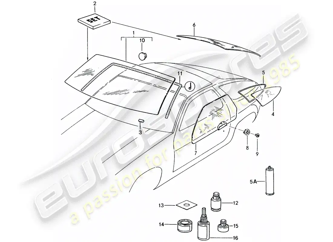 porsche 1990 (928) acristalamiento de ventanas diagrama de piezas