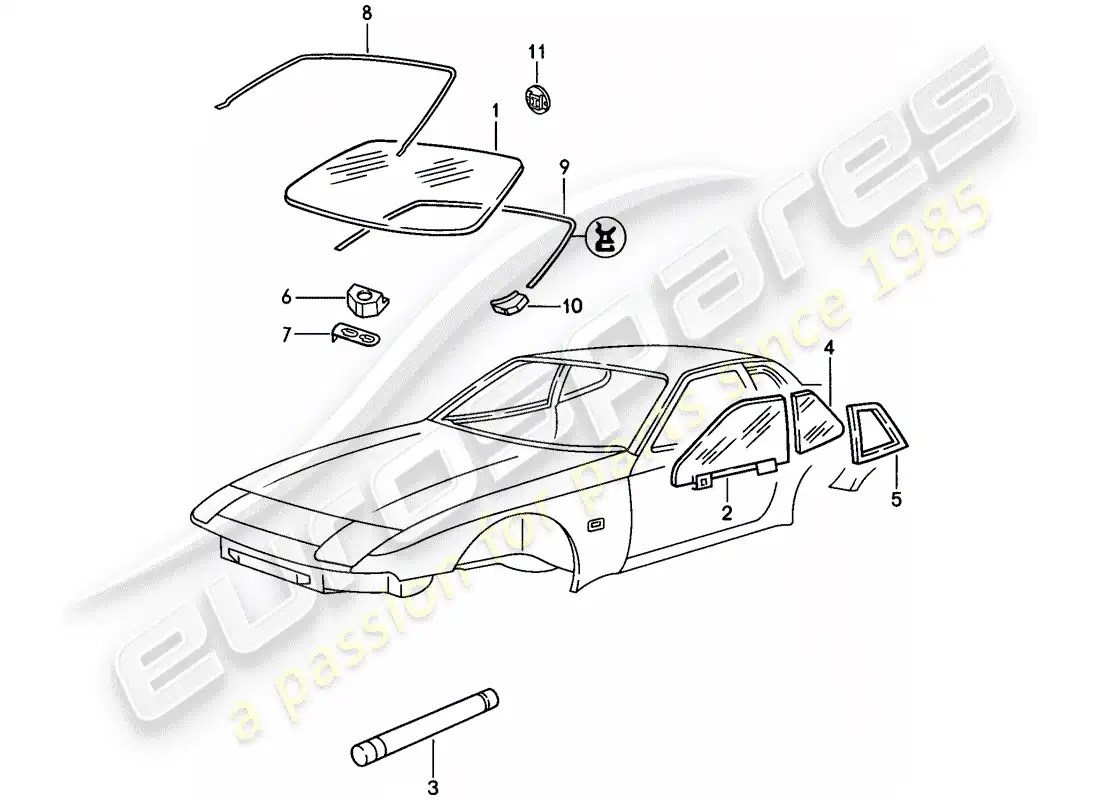 porsche 1986 (944) acristalamiento de ventanas diagrama de piezas