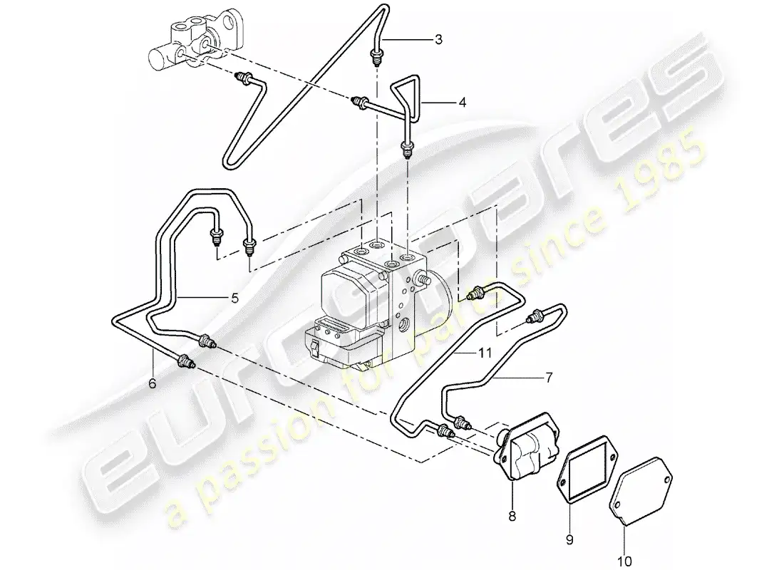 porsche 2003 (996 turbo / gt2) líneas de freno - extremo delantero diagrama de piezas