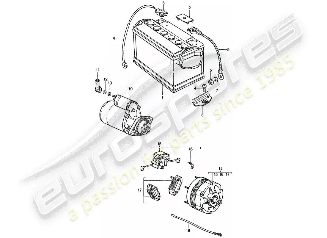 porsche 1987 (911) bateria - arranque - alternador diagrama de piezas