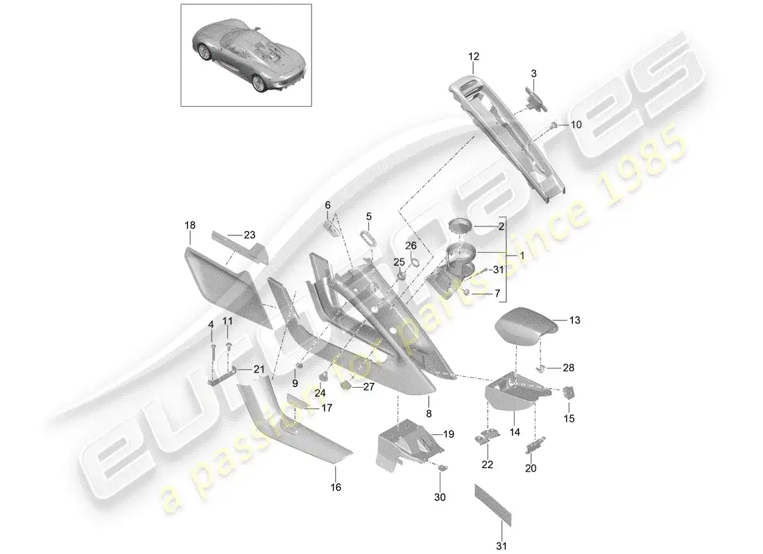 porsche 2015 (918 spyder) center console diagrama de piezas