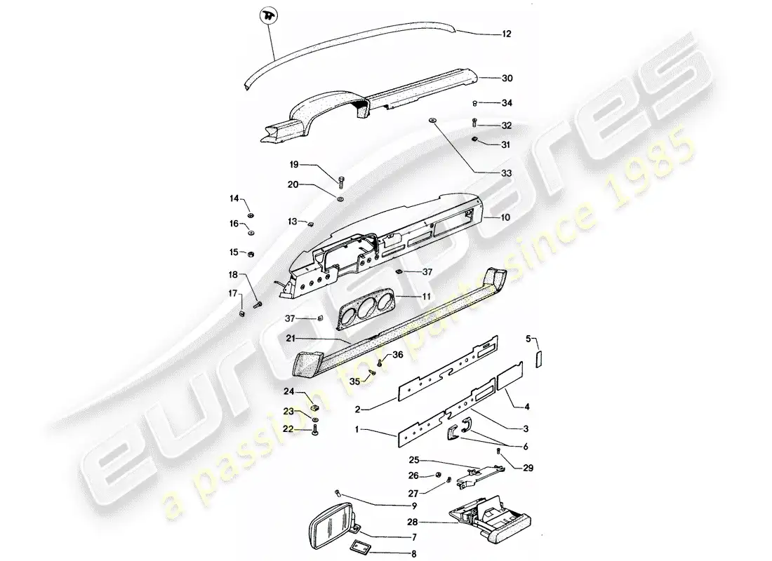 porsche 1975 (914) tablero - espejo retrovisor diagrama de piezas