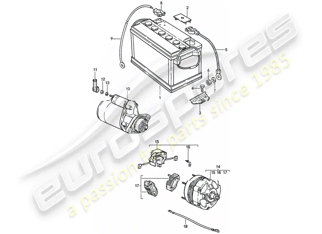 porsche 1986 (911) bateria - arranque - alternador diagrama de piezas