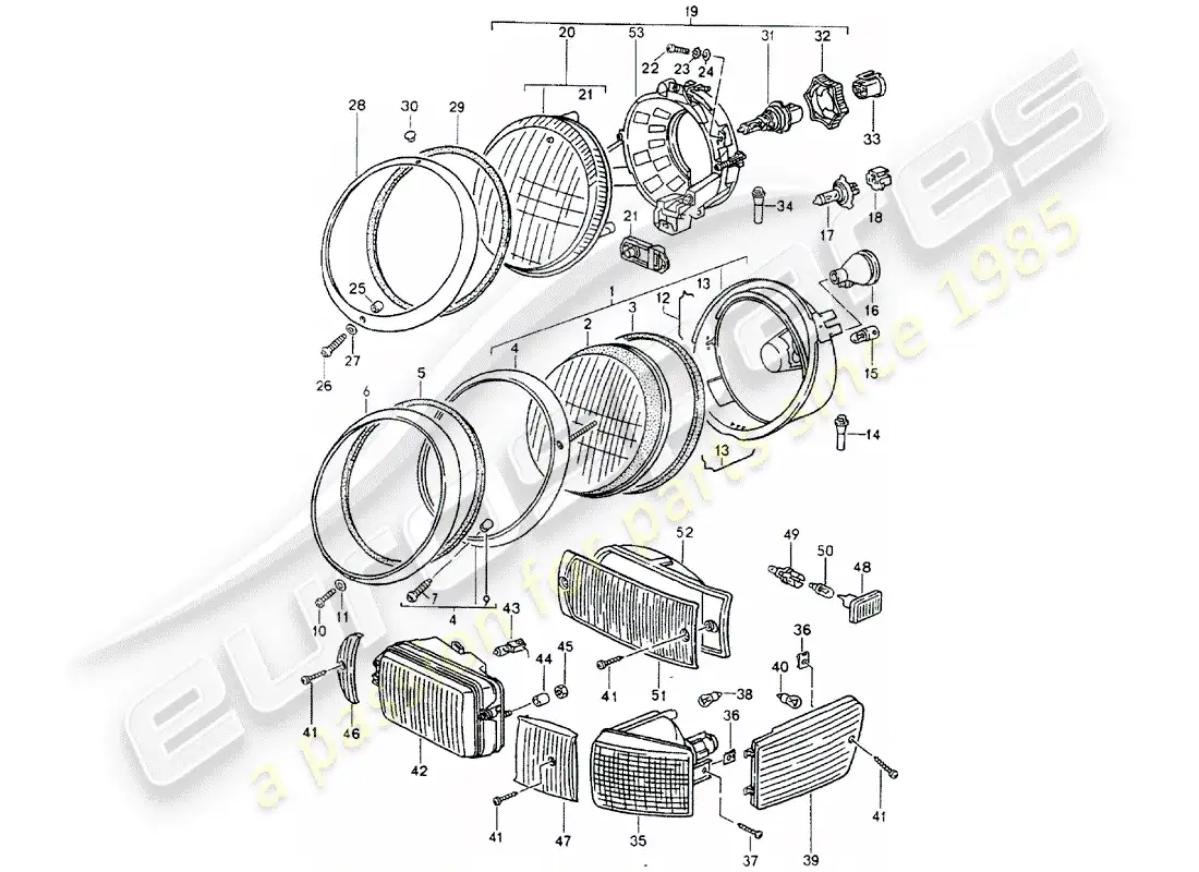 porsche 1991 (964) lámpara de cabeza diagrama de piezas