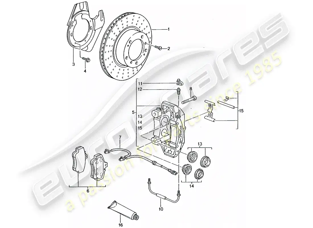 porsche 2005 (996 gt3) frenos de disco - eje delantero diagrama de piezas