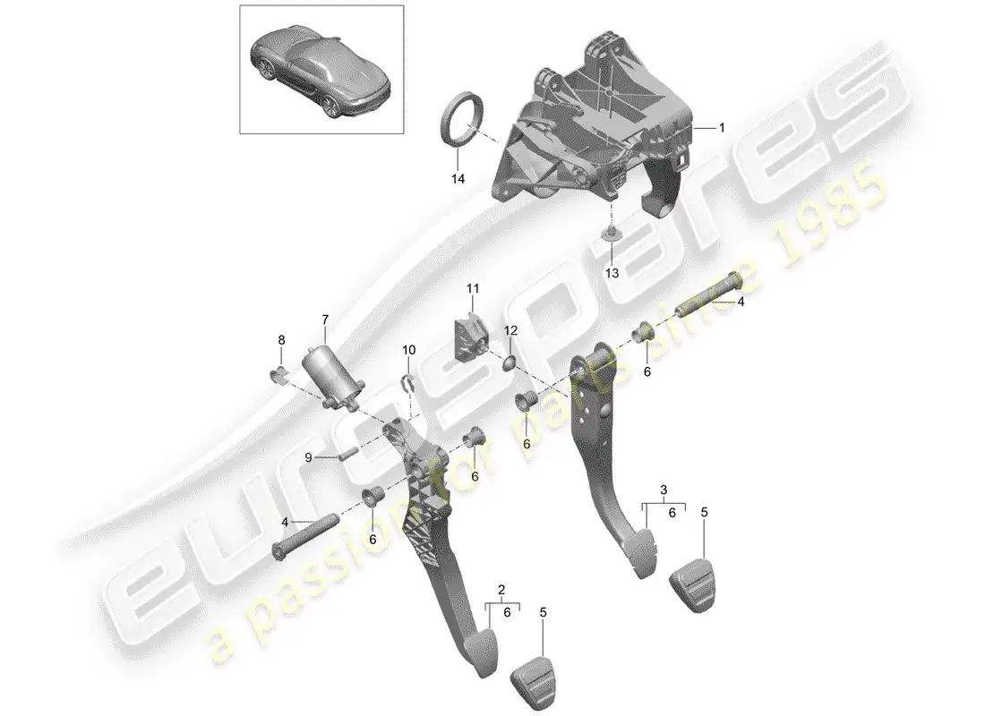 porsche 2012 (981 boxster) pedales diagrama de piezas