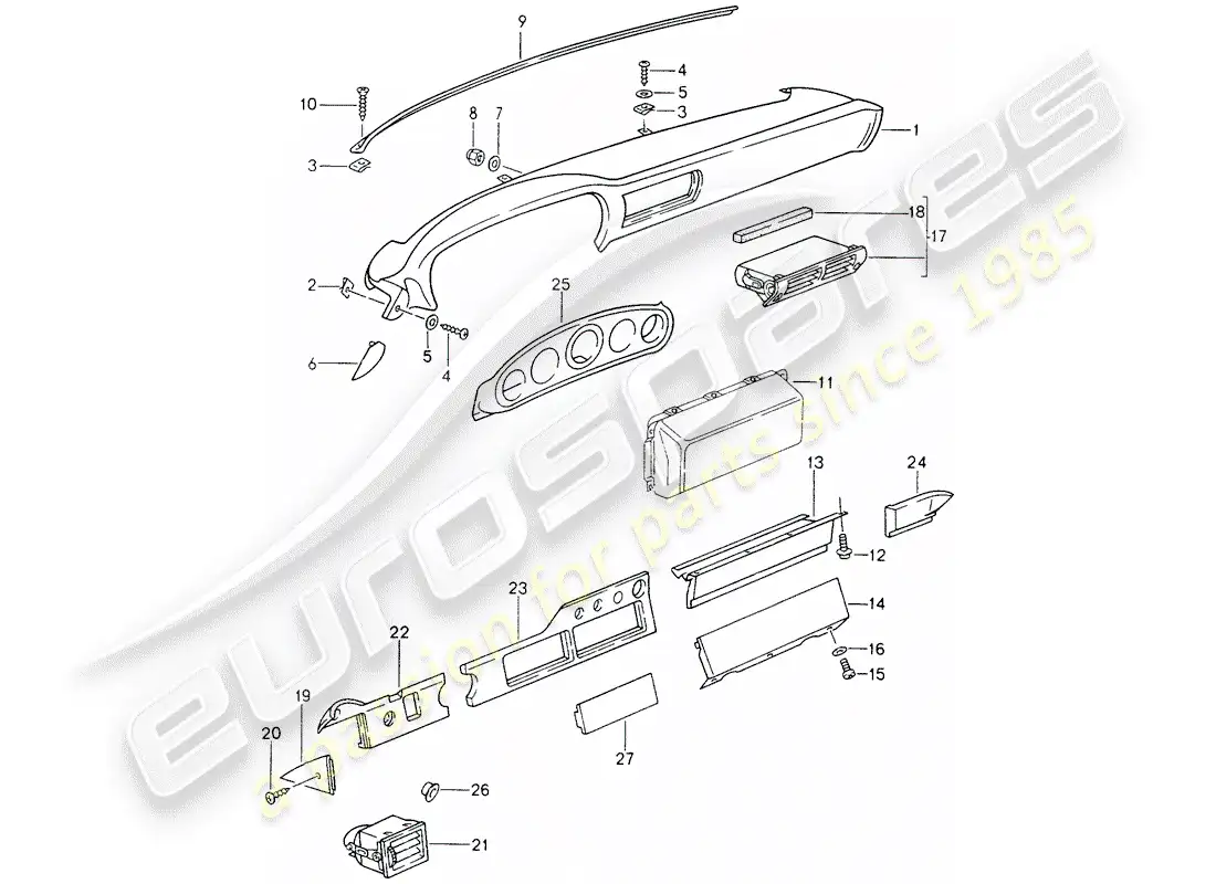 porsche 1996 (993) tablero - para vehiculos con - airbag - (lado del pasajero) diagrama de piezas