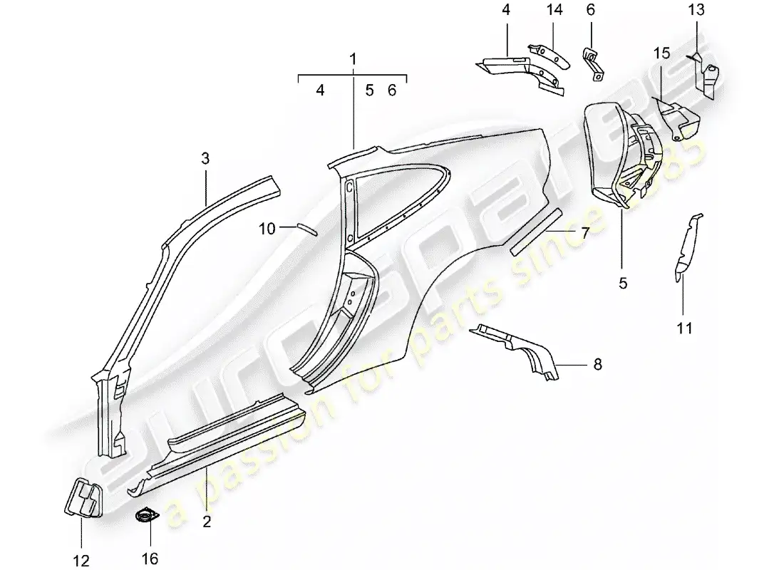 porsche 2005 (996 gt3) panel lateral diagrama de piezas