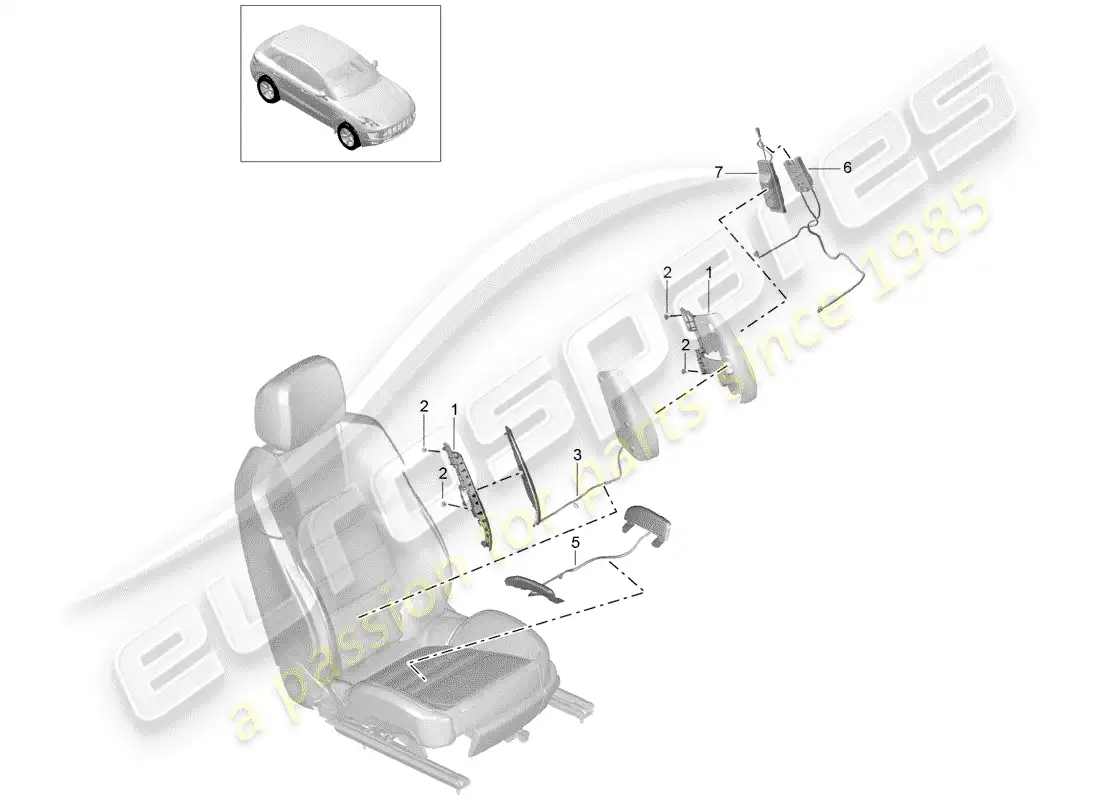 porsche 2016 (macan) ajuste del soporte lumbar diagrama de piezas