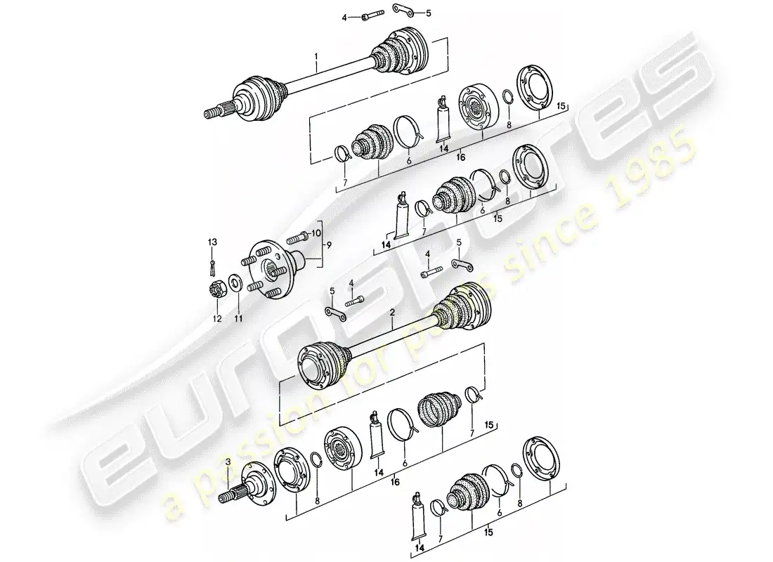 porsche 1987 (911) eje de transmisión - cubo de la rueda trasera diagrama de piezas