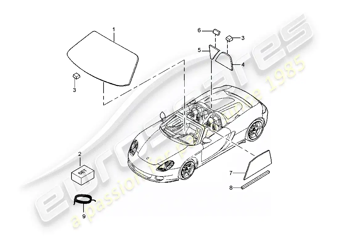 porsche 2005 (carrera gt) diagrama de piezas de ventanas
