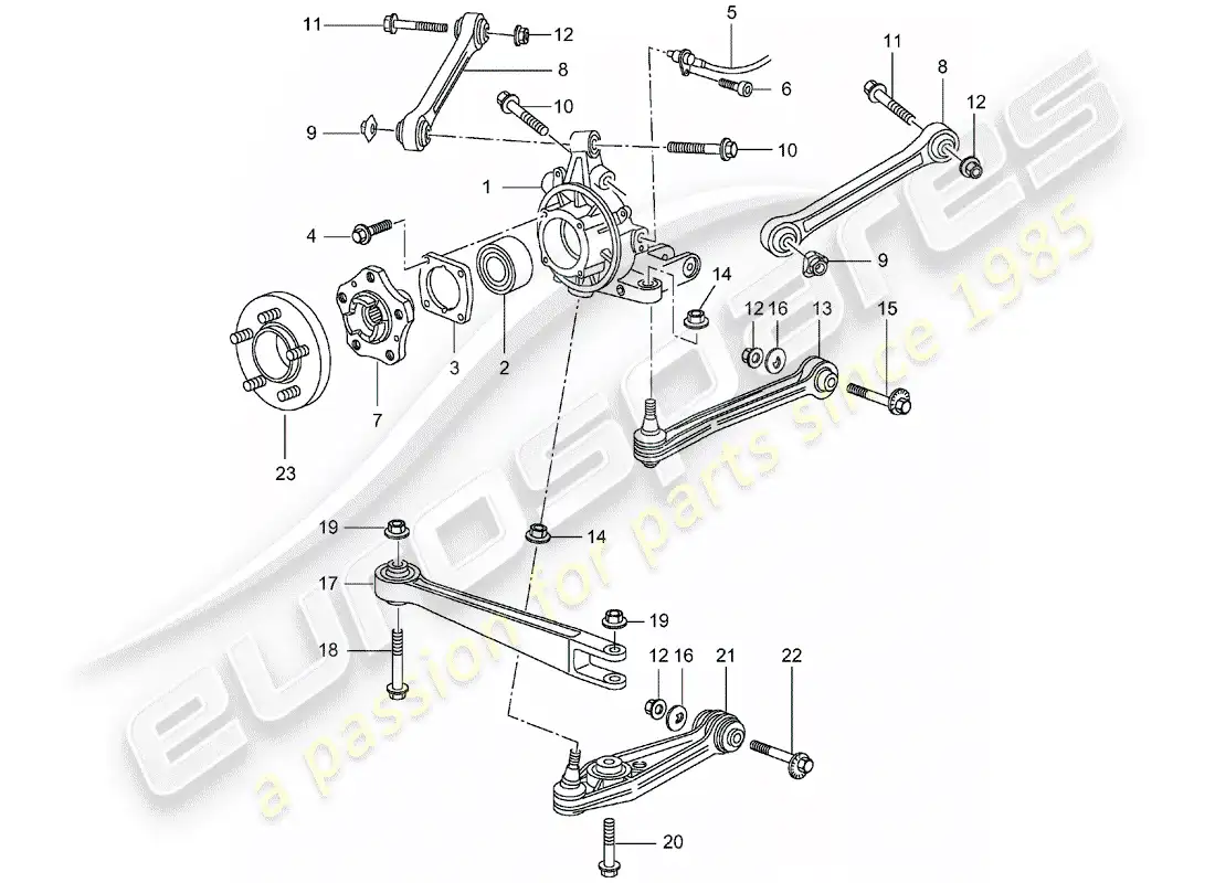 porsche 1998 (996) eje trasero - porta rueda - enlace superior - cubo de rueda diagrama de piezas
