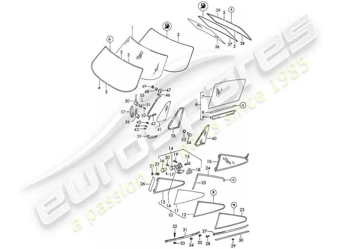 porsche 1965 (911/912) acristalamiento de ventanas - d >> - mj 1968 diagrama de piezas