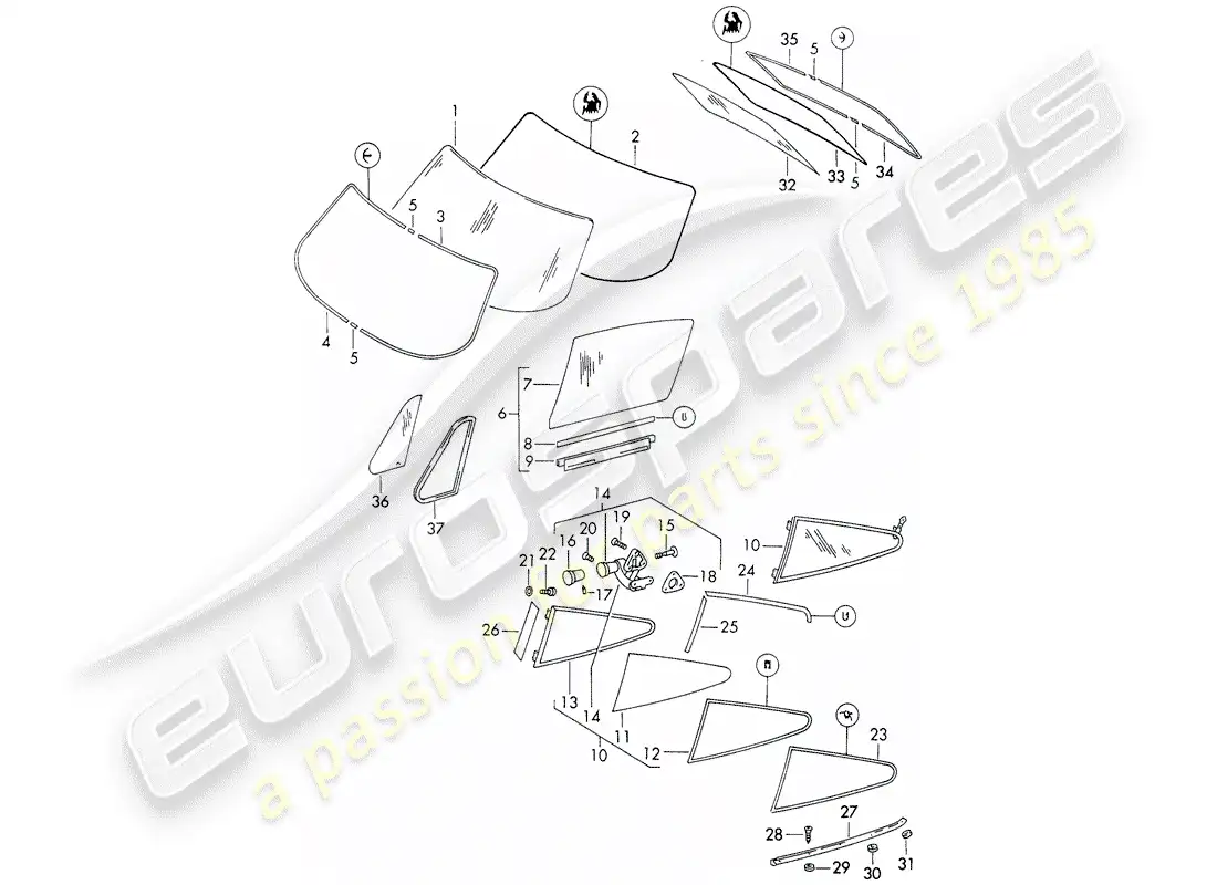 porsche 1965 (911/912) acristalamiento de ventanas - d - mj 1969>> diagrama de piezas