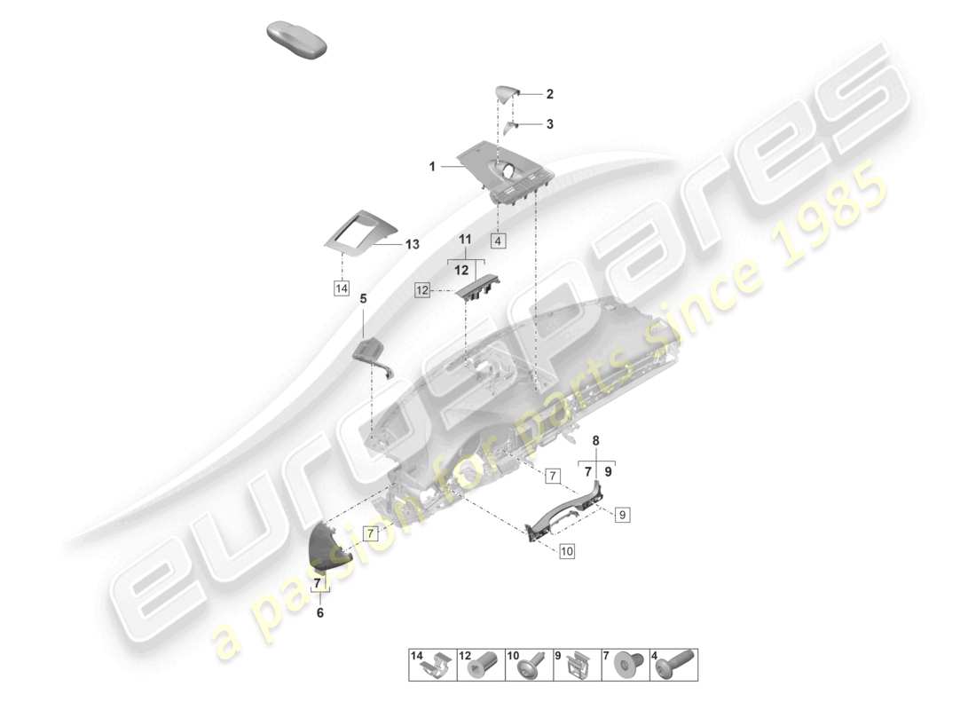 porsche 2022 (panamera 971-2) diagrama de piezas del tablero superior de accesorios