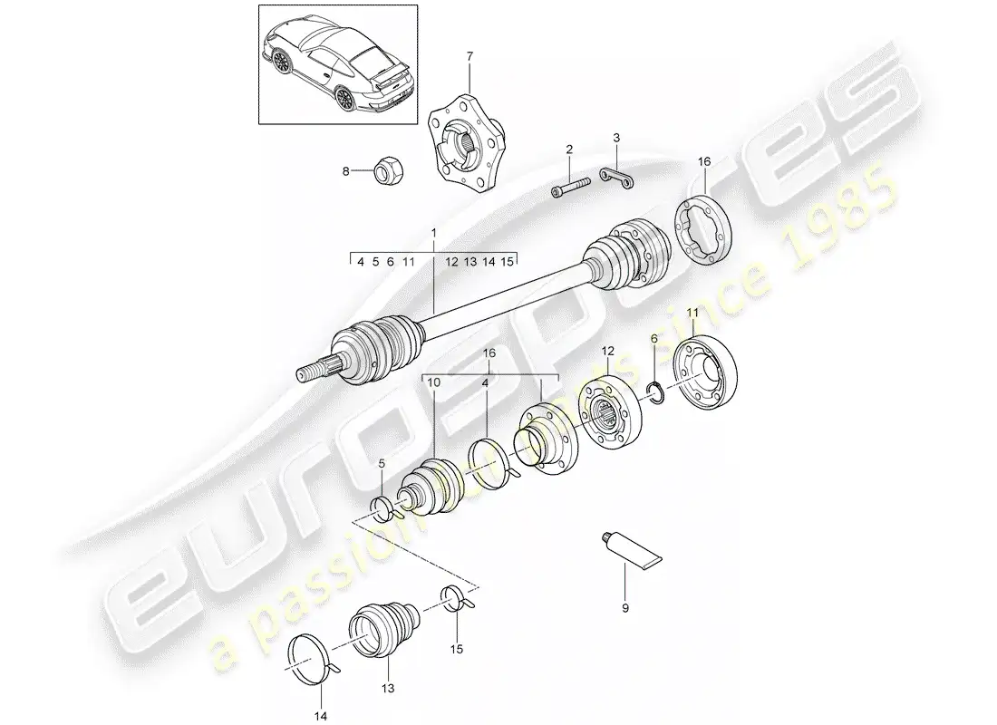 porsche 2009 (997-2 gt3) eje de accionamiento diagrama de piezas