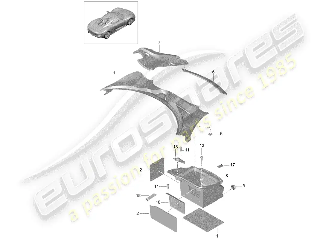porsche 2015 (918 spyder) revestimiento del maletero diagrama de piezas
