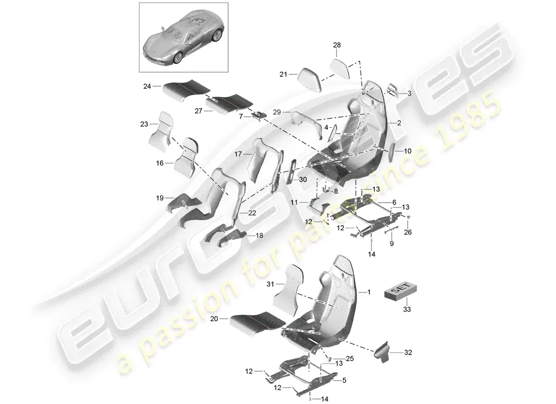 porsche 2015 (918 spyder) asiento diagrama de piezas