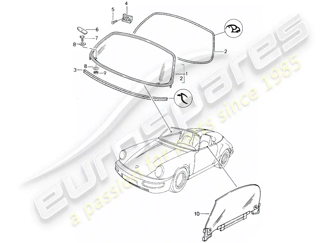 porsche 1989 (964) acristalamiento de ventanas diagrama de piezas