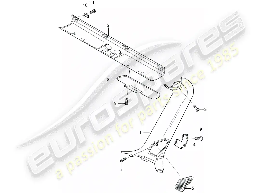 porsche 2005 (carrera gt) visores solares - acabados - diagrama de piezas del pilar a