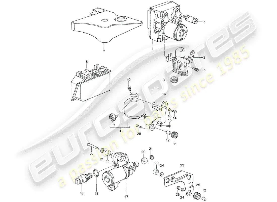 porsche 1995 (993) grupo hidráulico - sistema de freno antibloqueo -abs- - mando - ver información técnica - gr.4 nr3/94 diagrama de piezas